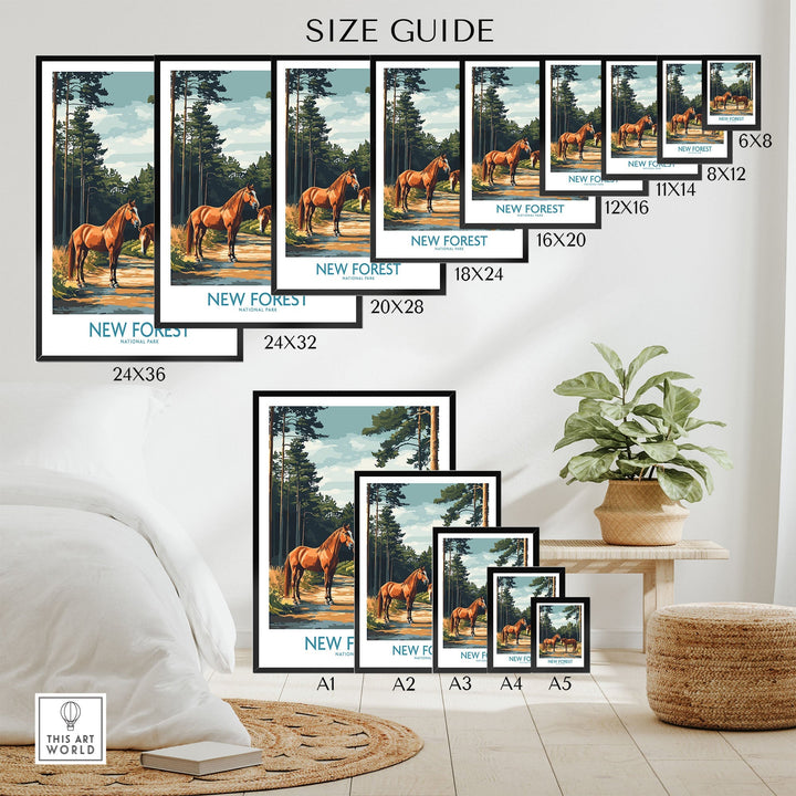 New Forest Print National Park poster size guide featuring majestic horses and lush landscapes displayed in a cozy room setting.