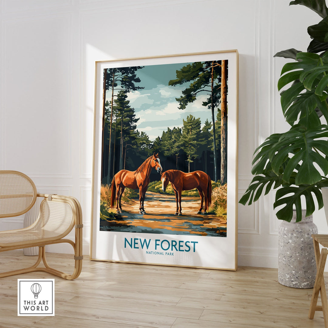 New Forest Print featuring horses and scenic landscapes in a stylish room, UK National Park decor for nature enthusiasts.