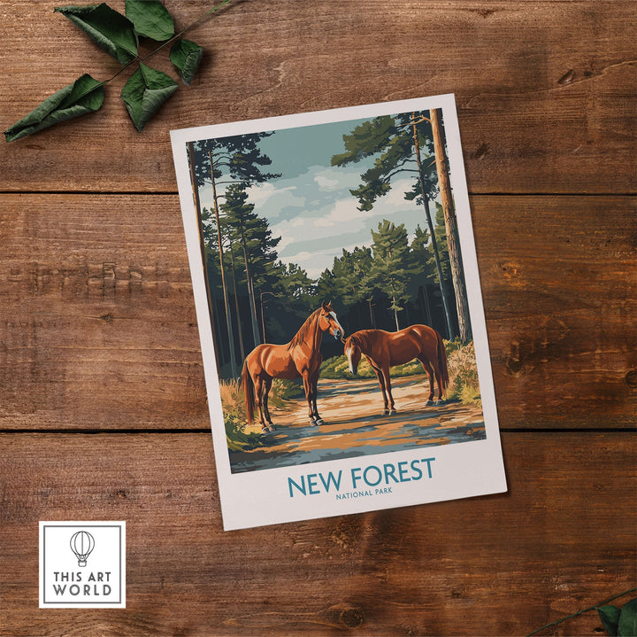 New Forest National Park print featuring horses and scenic landscapes on a wooden background with green leaves.