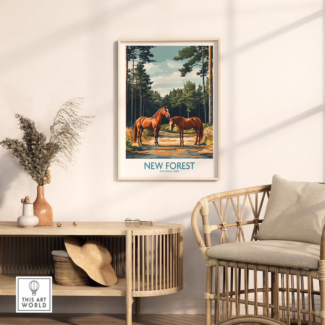 New Forest Print featuring horses, nature scene, UK National Park poster in stylish living room setting.