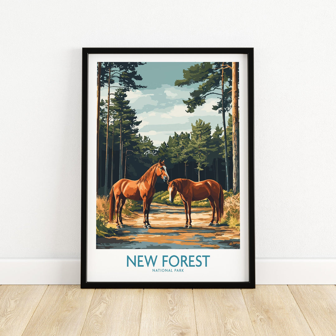 Framed New Forest Print featuring horses in a scenic UK National Park landscape, perfect for nature lovers and adventurers.