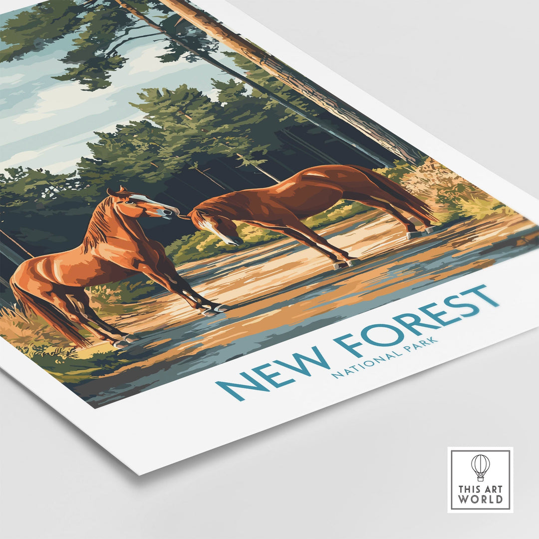 New Forest Print featuring horses in a scenic UK national park landscape, ideal for nature lovers and adventurers.