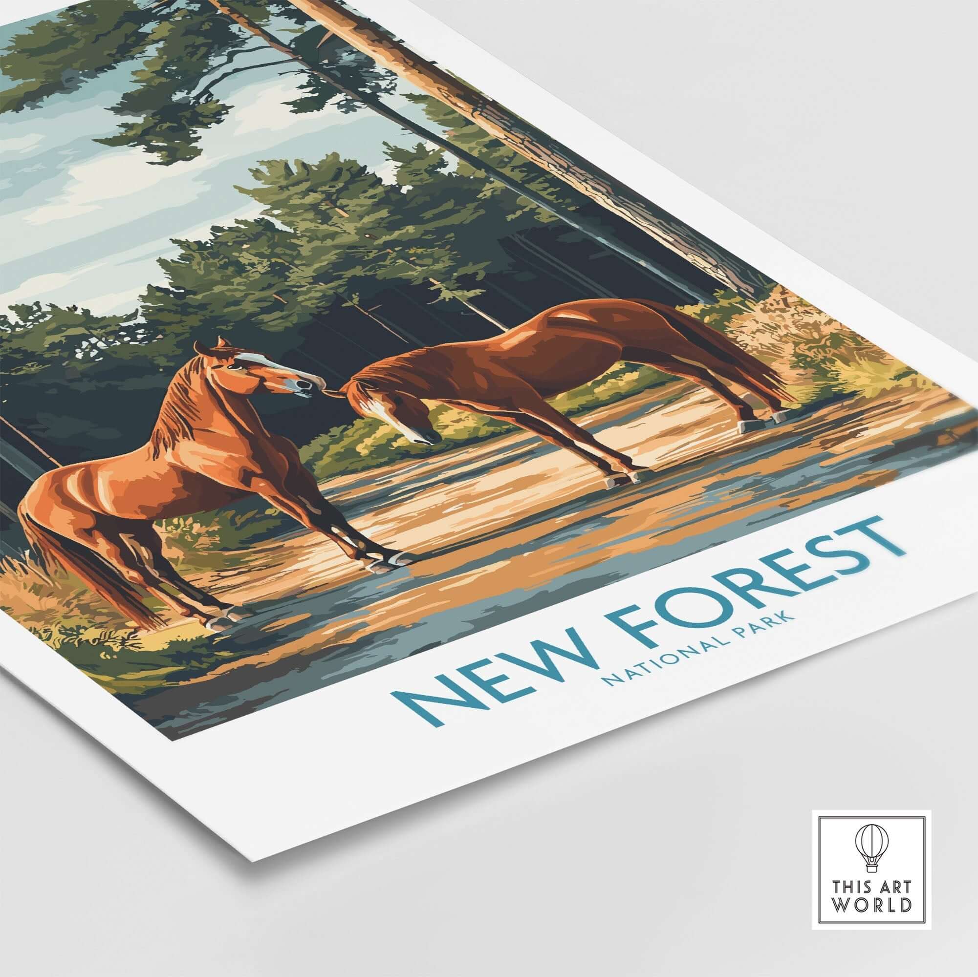 New Forest Poster National Park featuring two horses in a serene landscape, perfect for nature lovers and art enthusiasts.