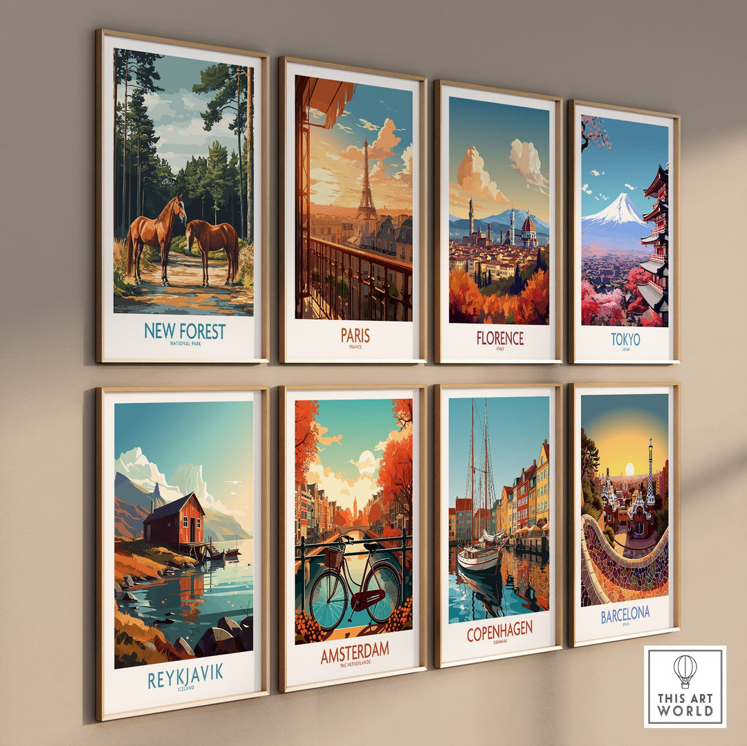 Gallery wall featuring framed travel posters of New Forest, Paris, Florence, Tokyo, Reykjavik, Amsterdam, Copenhagen, and Barcelona.