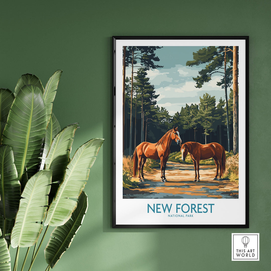 New Forest National Park print showcasing two horses and a scenic landscape, perfect for nature lovers and adventurers