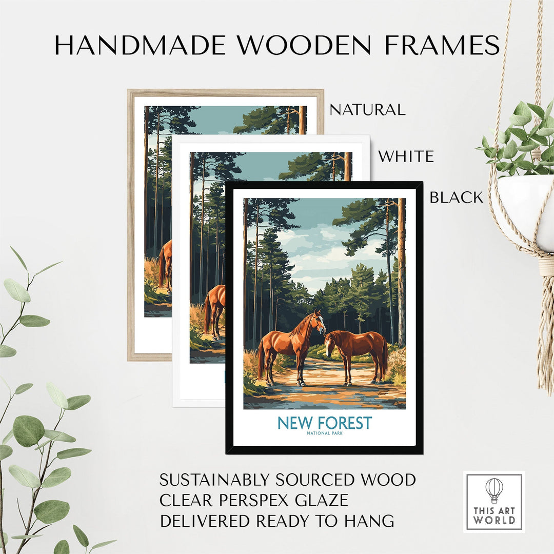 New Forest Print National Park poster in handmade frames, featuring horses and landscapes, ready to hang with sustainable materials.