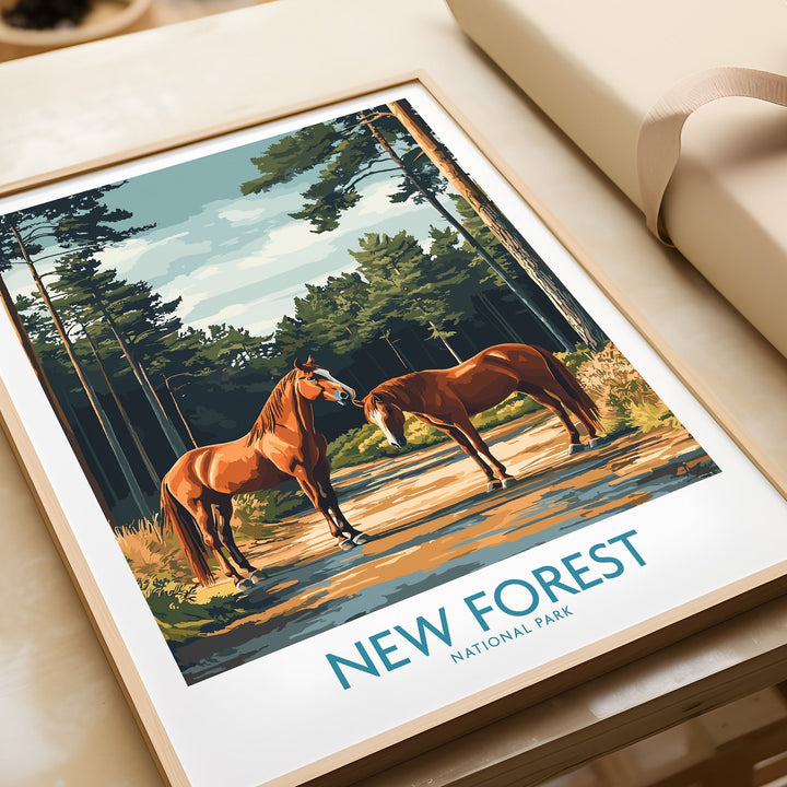 New Forest Print featuring horses and scenic landscapes, showcasing UK's National Park beauty and adventure appeal.