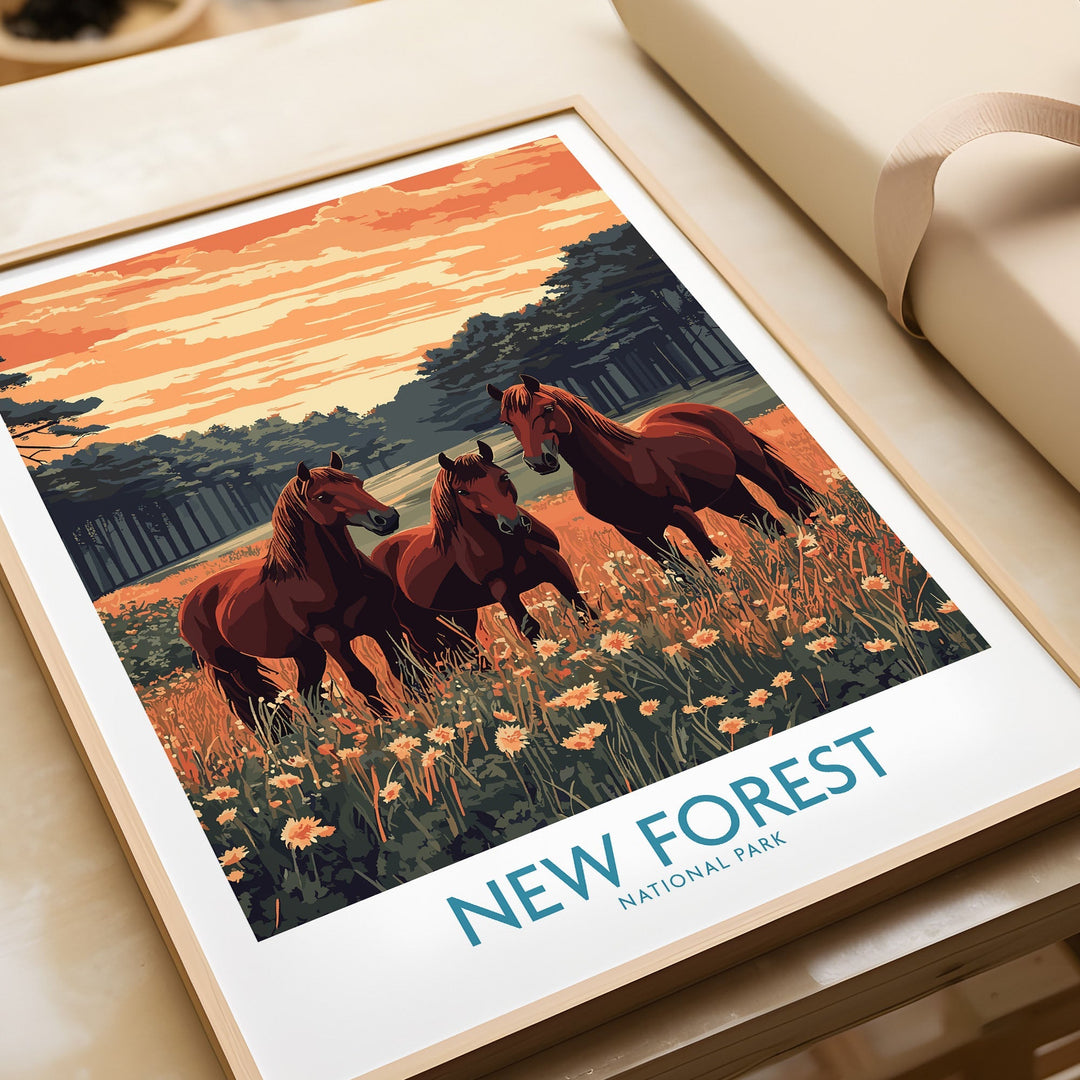 New Forest Print with horses at sunrise, showcasing UK National Park's natural beauty, perfect for home decor.