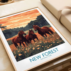 New Forest Art Print England National Park featuring horses in a vibrant flower-filled landscape.