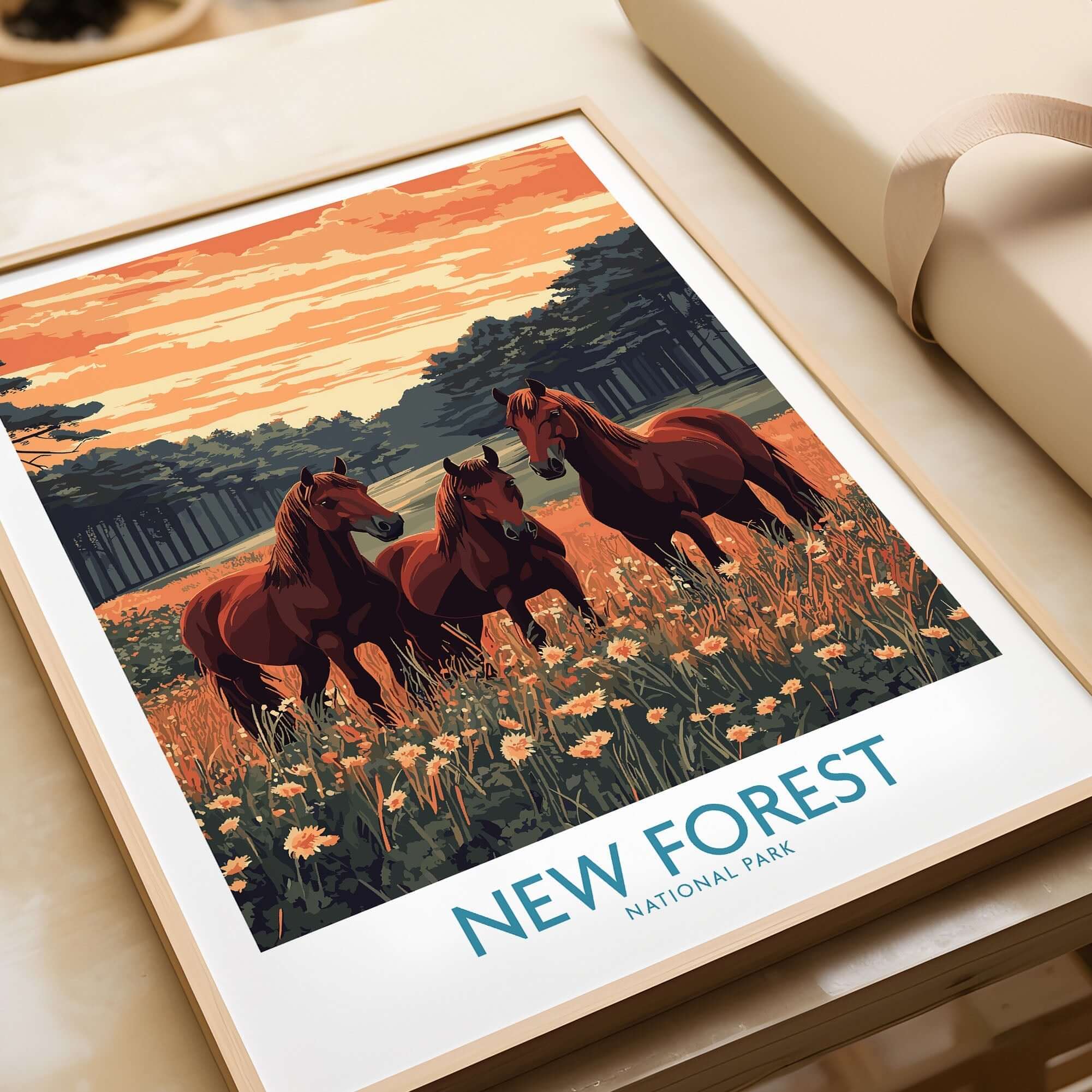 New Forest Art Print England National Park featuring horses in a vibrant flower-filled landscape.