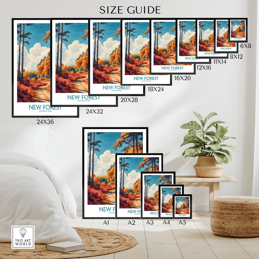 Various sizes of New Forest Travel Print England displayed in a room setting, featuring vibrant colors and serene forest design.