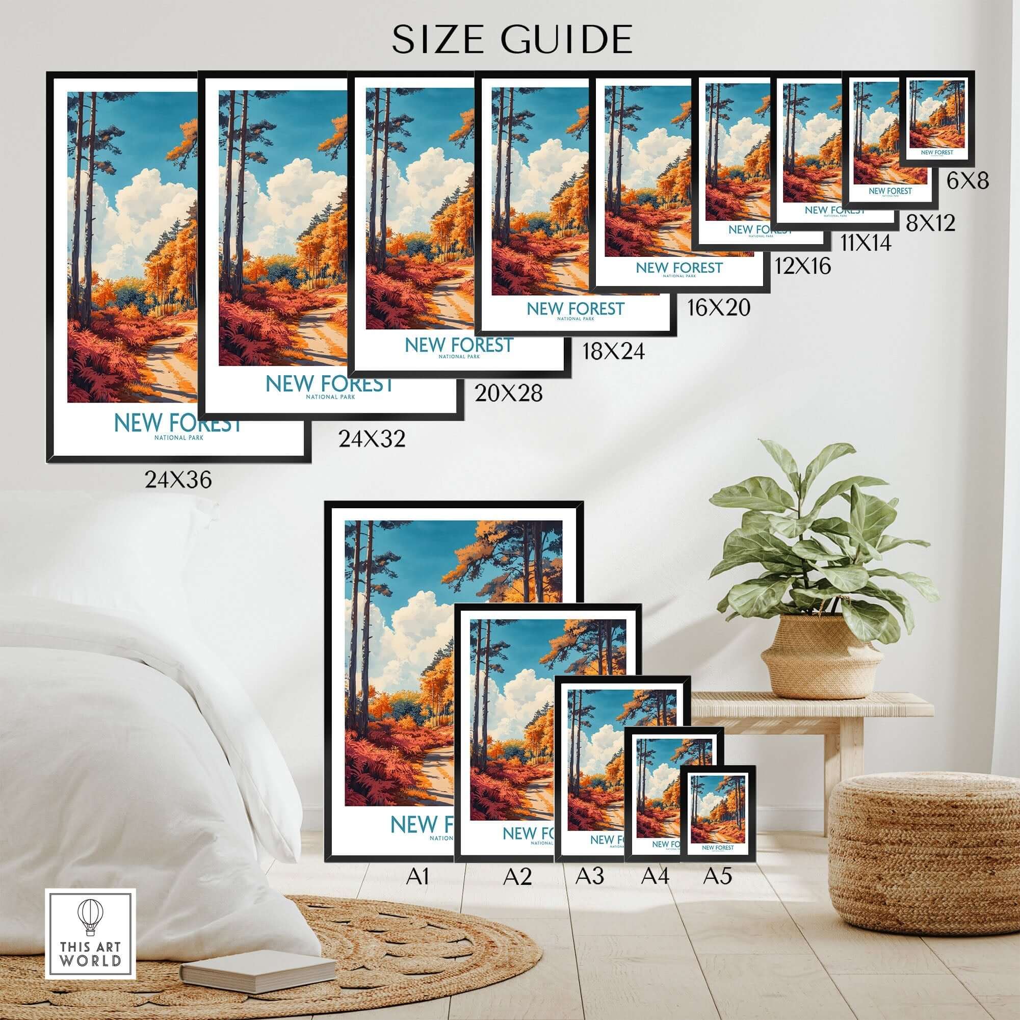 New Forest Travel Print England size guide showcasing various frame sizes and vibrant artwork.