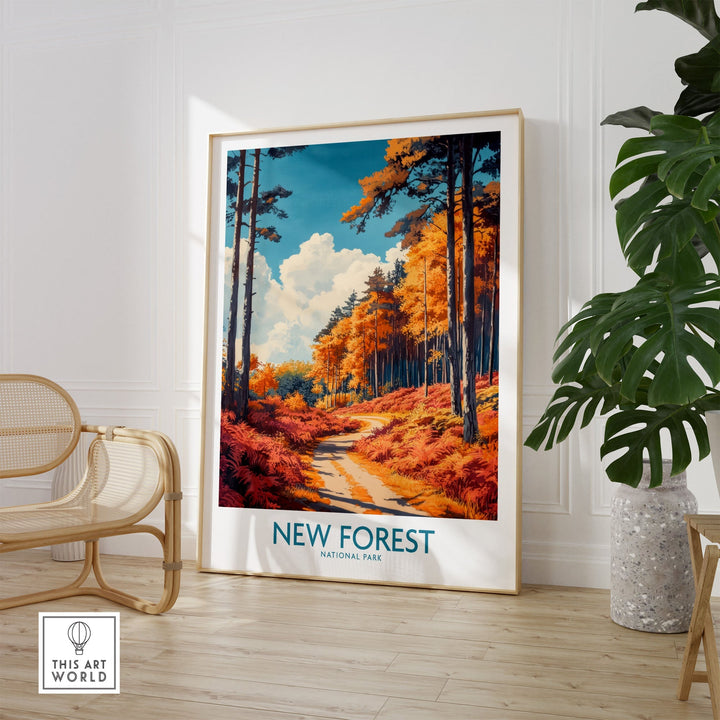 New Forest travel print with vibrant colors, depicting serene English woodland, perfect for home decor or travel inspiration.