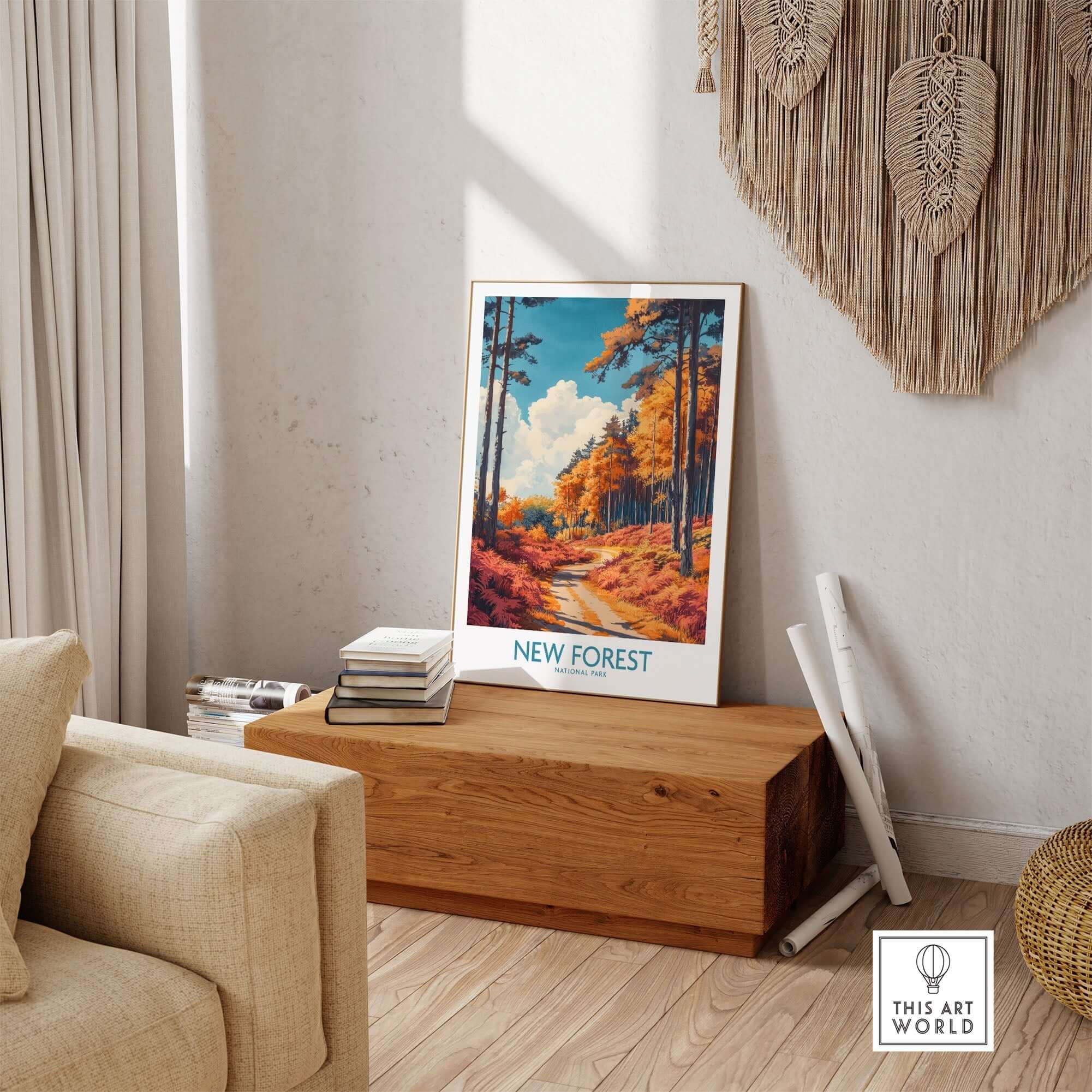 New Forest Travel Print England displayed in a cozy living room with natural decor and warm colors.