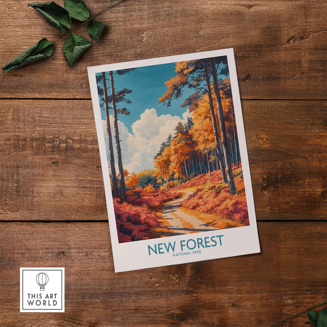 New Forest travel print featuring vibrant colors and scenic landscape on a wooden table, perfect UK wall art for home decor.