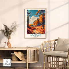 New Forest Travel Print England displayed in a stylish living room, showcasing vibrant colors and serene landscape.