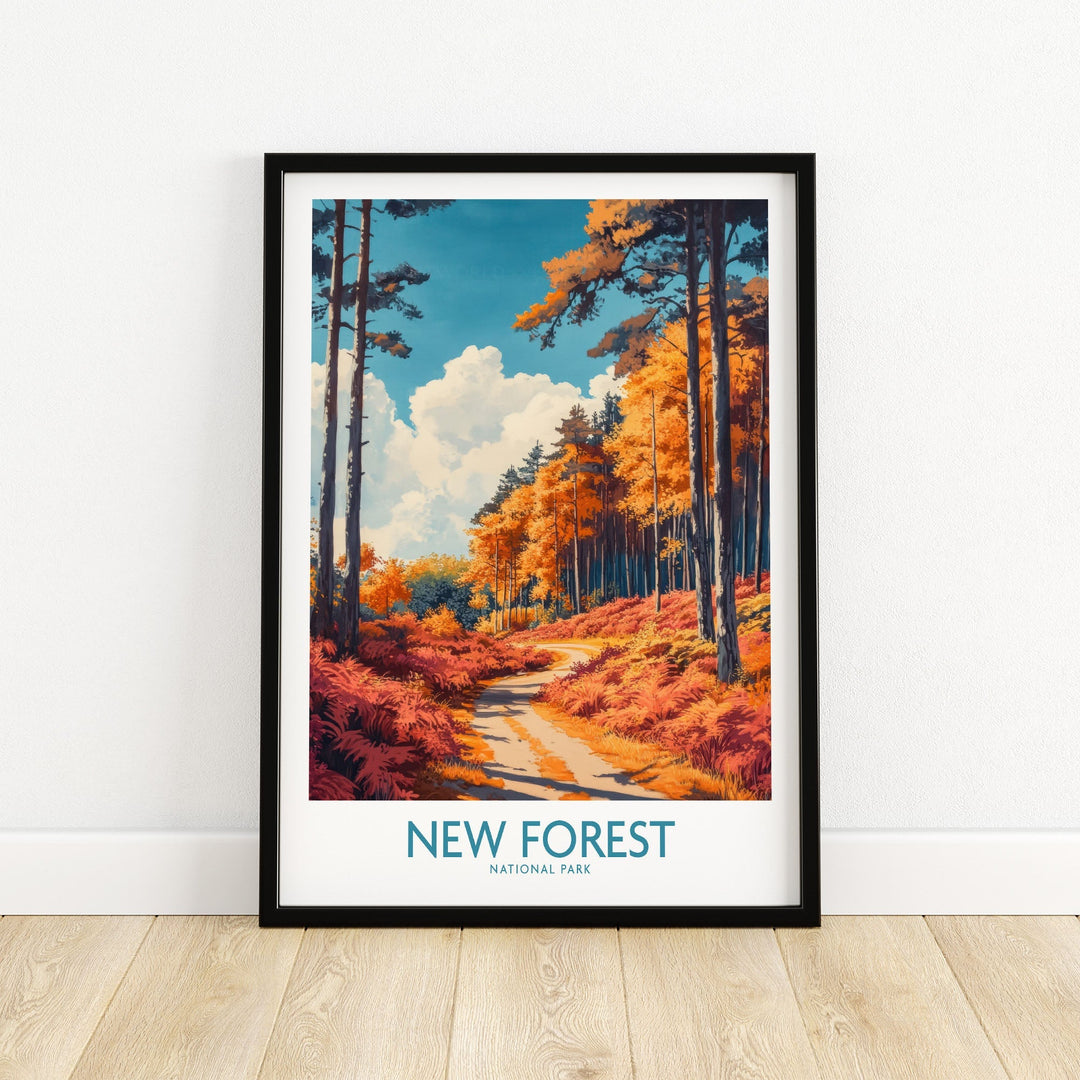 New Forest Travel Print with vibrant colors depicting England's serene woodland path, perfect for UK wall art decor.