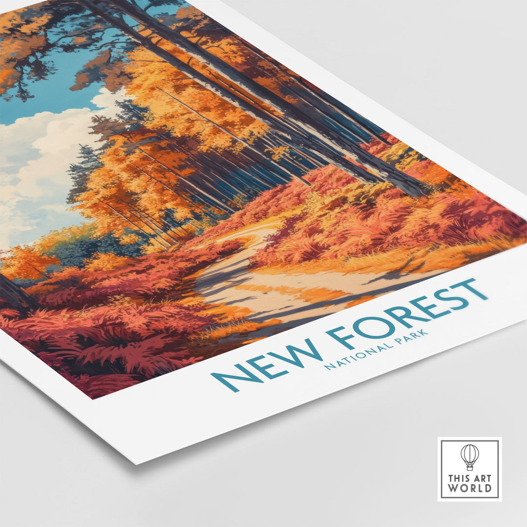 New Forest Travel Print featuring vibrant autumn colors, showcasing the serene beauty of England's New Forest for home decor.