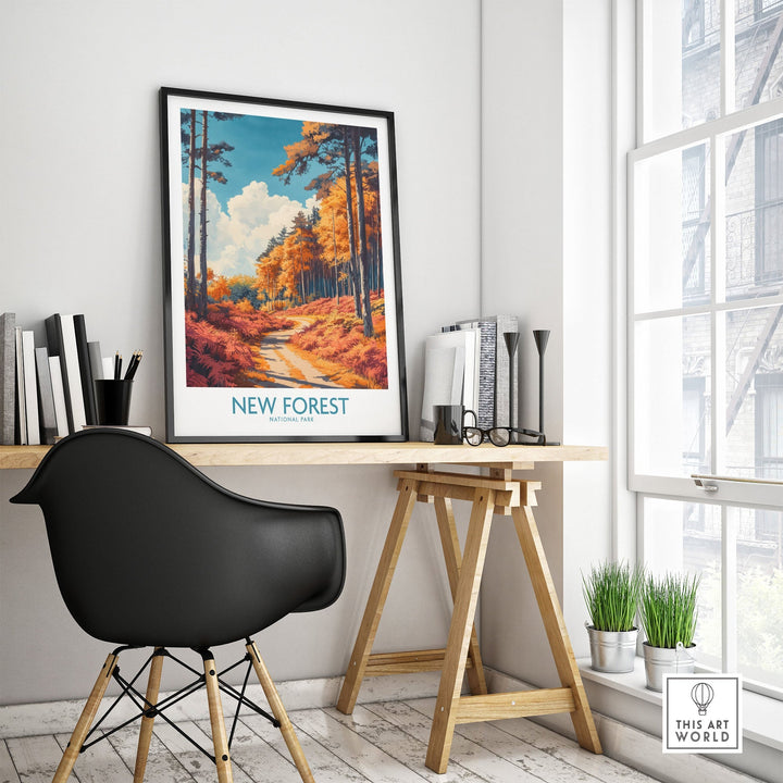 New Forest travel print in modern room, showcasing vibrant colors and serene English landscape, ideal for UK wall art decoration.