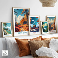 Image of various travel prints including New Forest Travel Print England displayed on a wall.