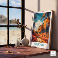 New Forest Travel Print England displayed in a bright room with a view, capturing the serene beauty of New Forest.