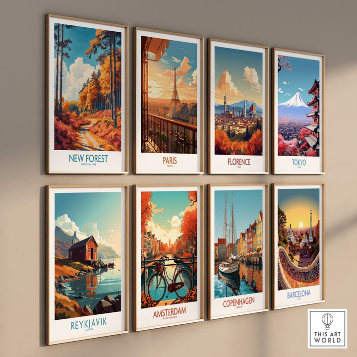 Wall display of travel prints featuring New Forest, Paris, Barcelona, London, Amsterdam, Florence, Tokyo, and Angkor Wat.