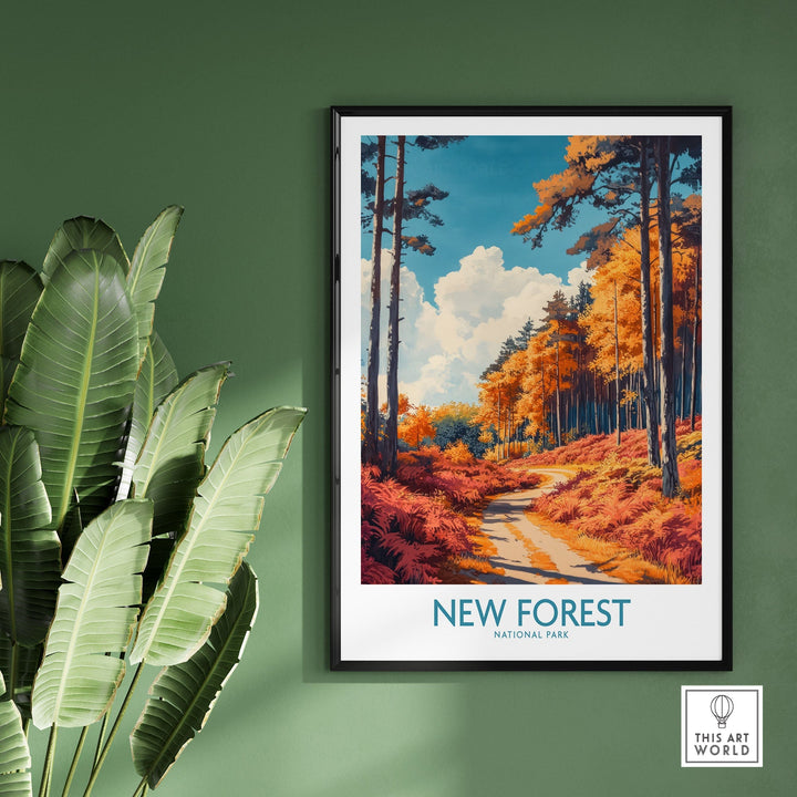 New Forest Travel Print with vibrant colors depicting England's natural beauty, framed and hung on a green wall.