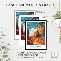 Handmade wooden frames in natural, white, and black colors featuring New Forest Travel Print England.