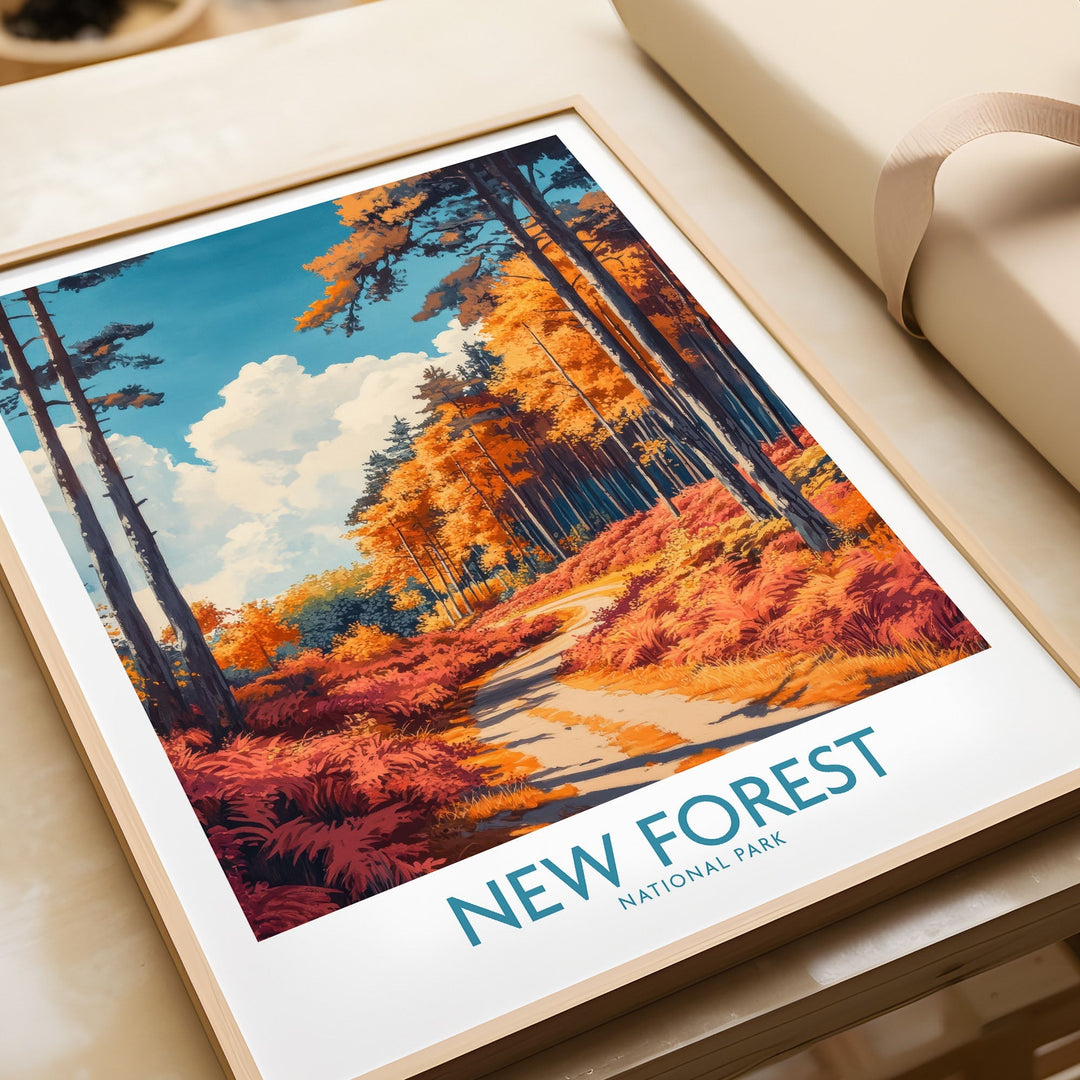 New Forest travel print with vibrant autumn colors, showcasing a scenic path through England's serene woodland, framed on a wall.