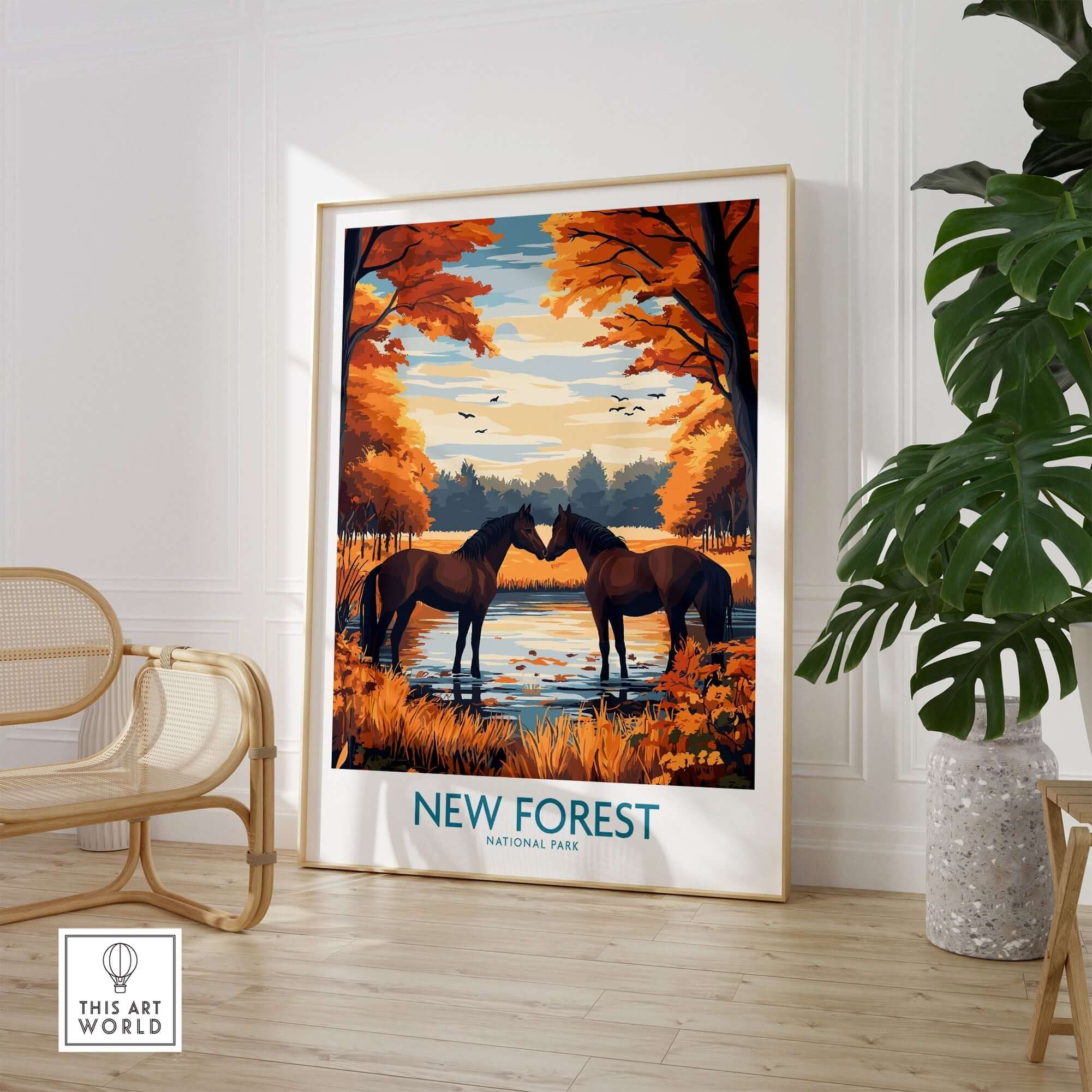 New Forest Wall Art featuring horses in the National Park with autumn foliage and serene water reflections.