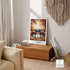 New Forest Wall Art featuring horses by a serene lake in autumn colors, perfect for home decoration.