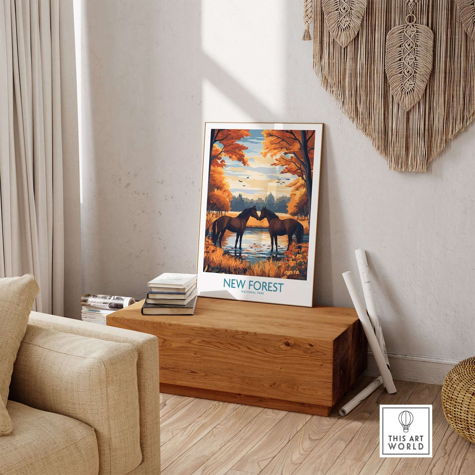 New Forest Wall Art featuring horses by a serene lake in autumn colors, perfect for home decoration.