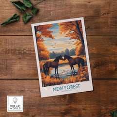 New Forest Wall Art featuring two horses near a tranquil lake in autumn colors, capturing the beauty of the UK National Park.