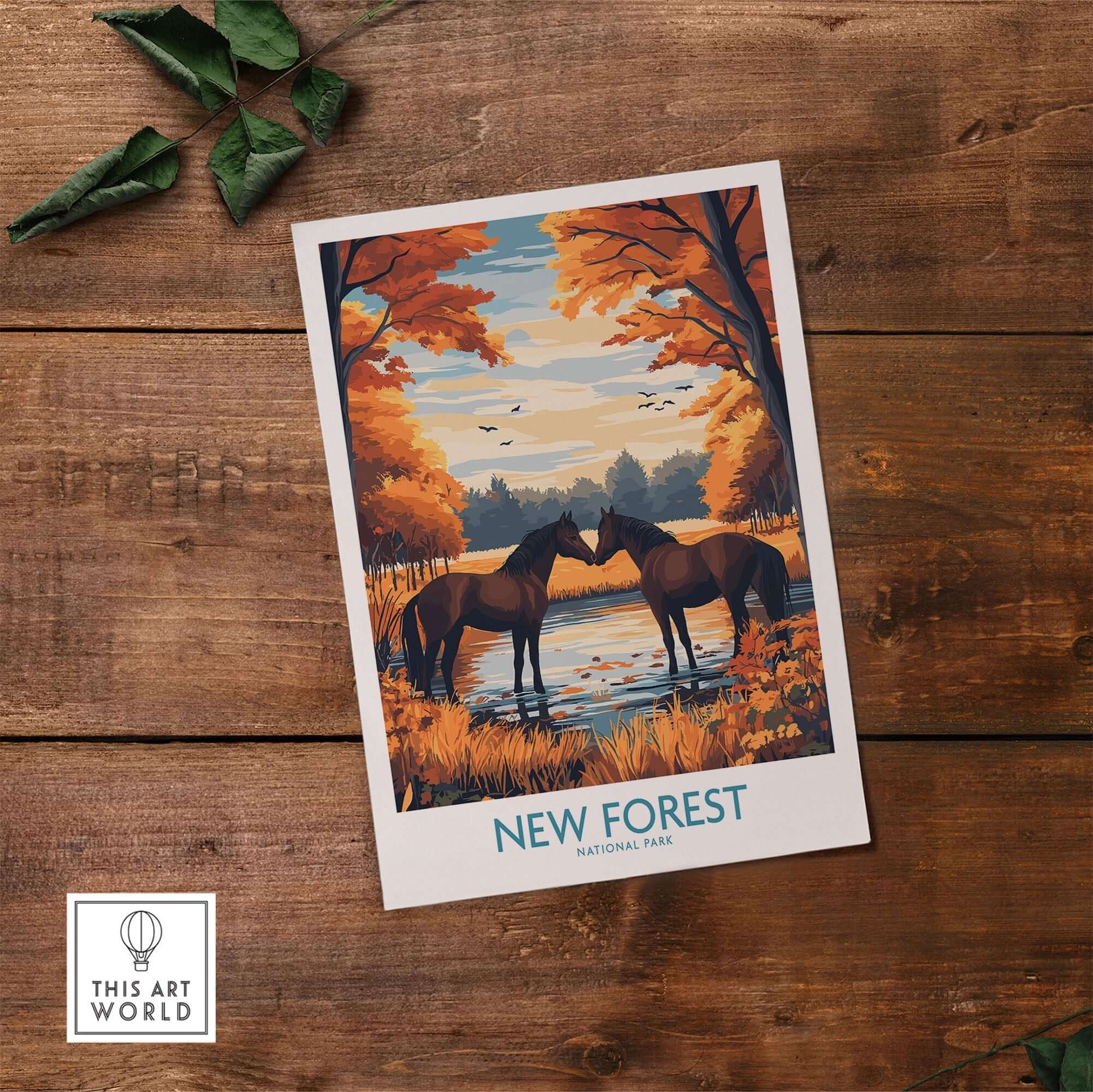 New Forest Wall Art featuring two horses near a tranquil lake in autumn colors, capturing the beauty of the UK National Park.