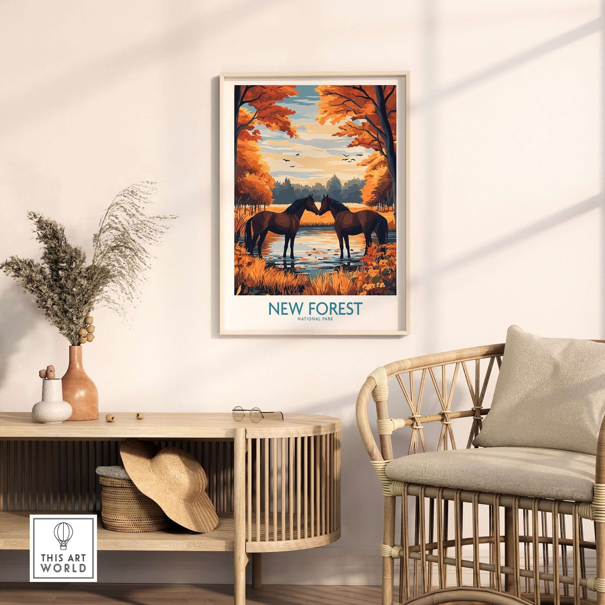 New Forest Wall Art featuring two horses near a tranquil scene in England's New Forest National Park.