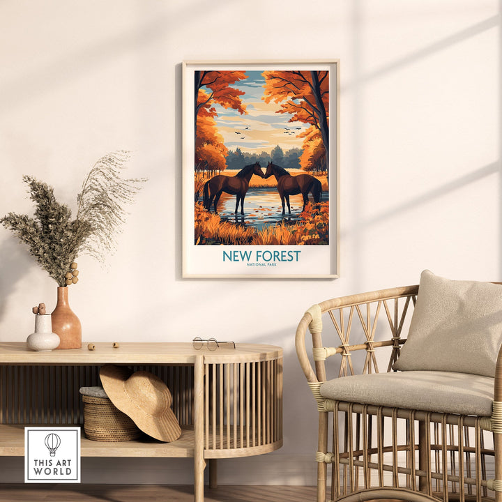 New Forest Wall Art Print featuring tranquil autumn scene with horses, perfect for home decor and nature lovers.