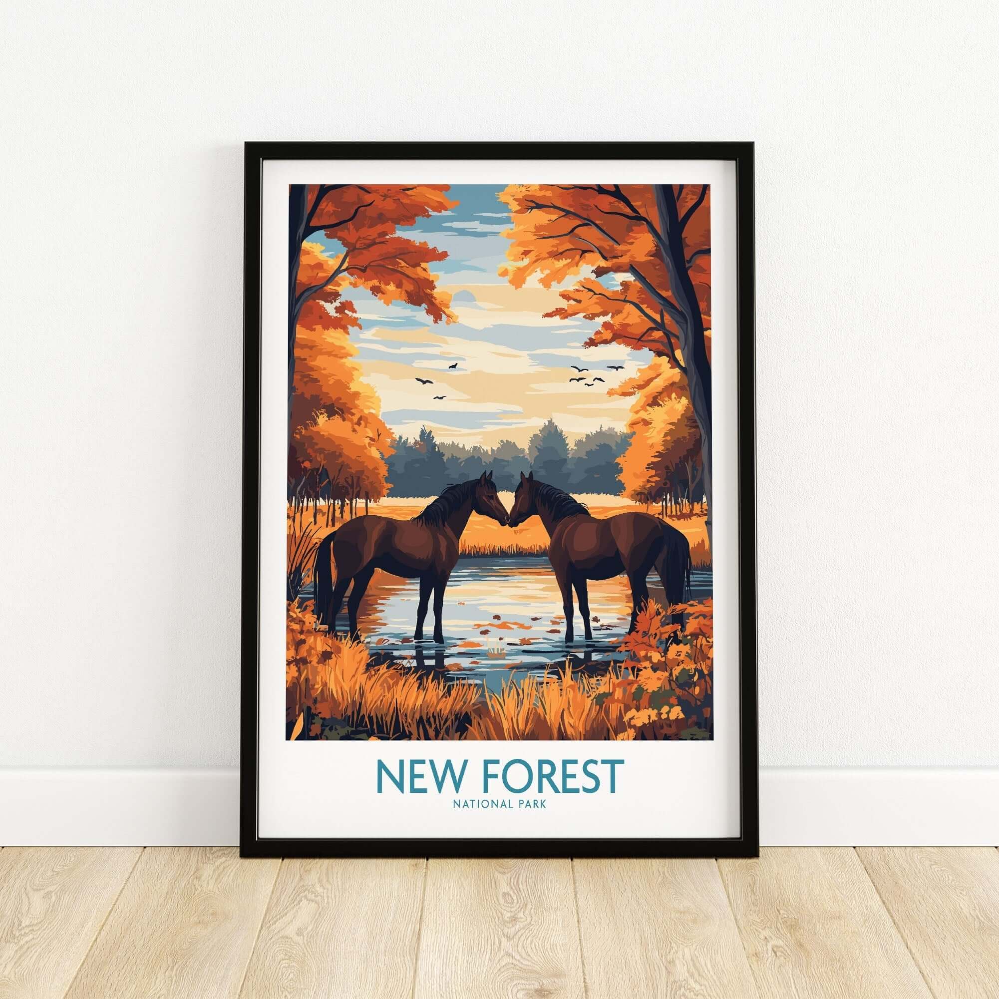 New Forest Wall Art featuring two horses by a serene pond in autumn colors, celebrating the beauty of nature.