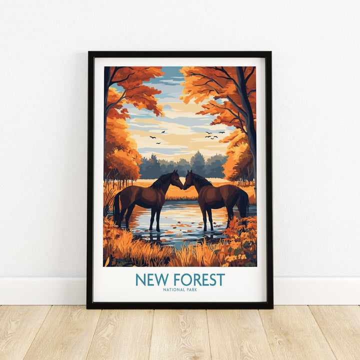 New Forest Wall Art Print featuring serene horses and vibrant autumn trees, capturing the tranquility of UK National Parks.