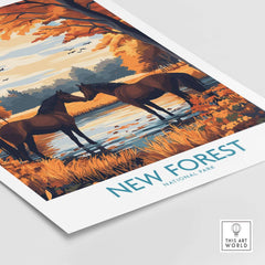 New Forest Wall Art featuring two horses by a tranquil lake in autumn colors, celebrating the beauty of New Forest National Park.