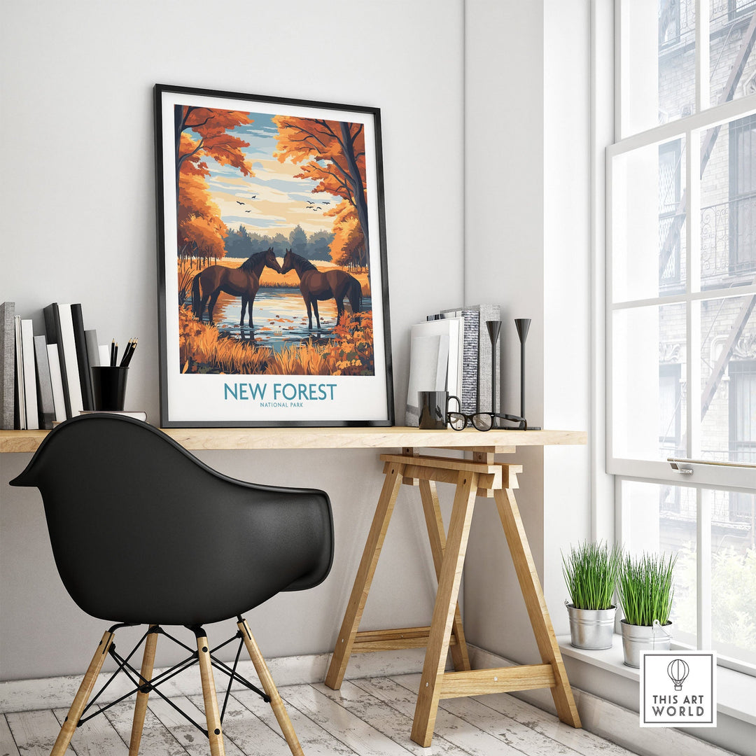 New Forest Wall Art Print displayed in modern home office setting, featuring scenic UK National Park landscape with trees and horses.