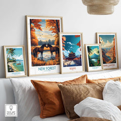 New Forest Wall Art displayed among other travel posters, showcasing the beauty of England's New Forest National Park.