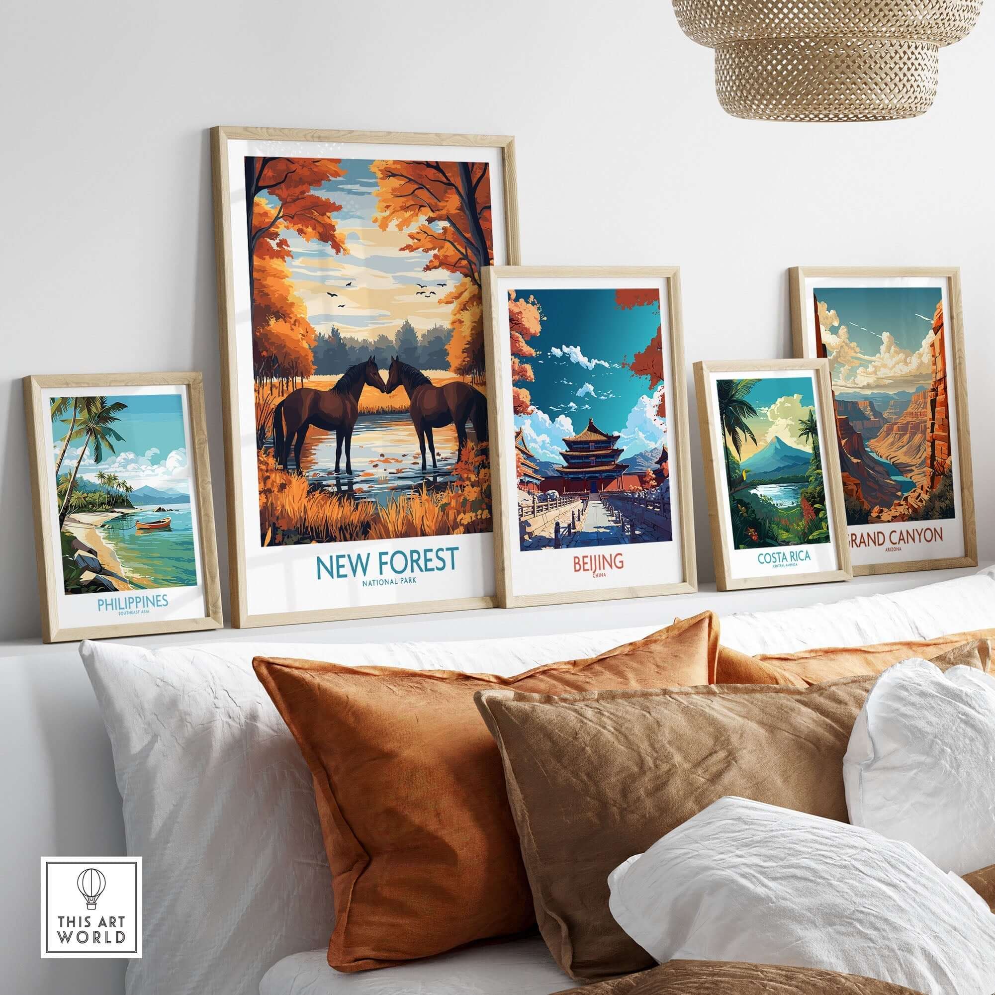 New Forest Wall Art displayed among other travel posters, showcasing the beauty of England's New Forest National Park.