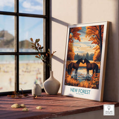 New Forest Wall Art featuring horses by a serene lake in autumn colors, perfect for home decor.