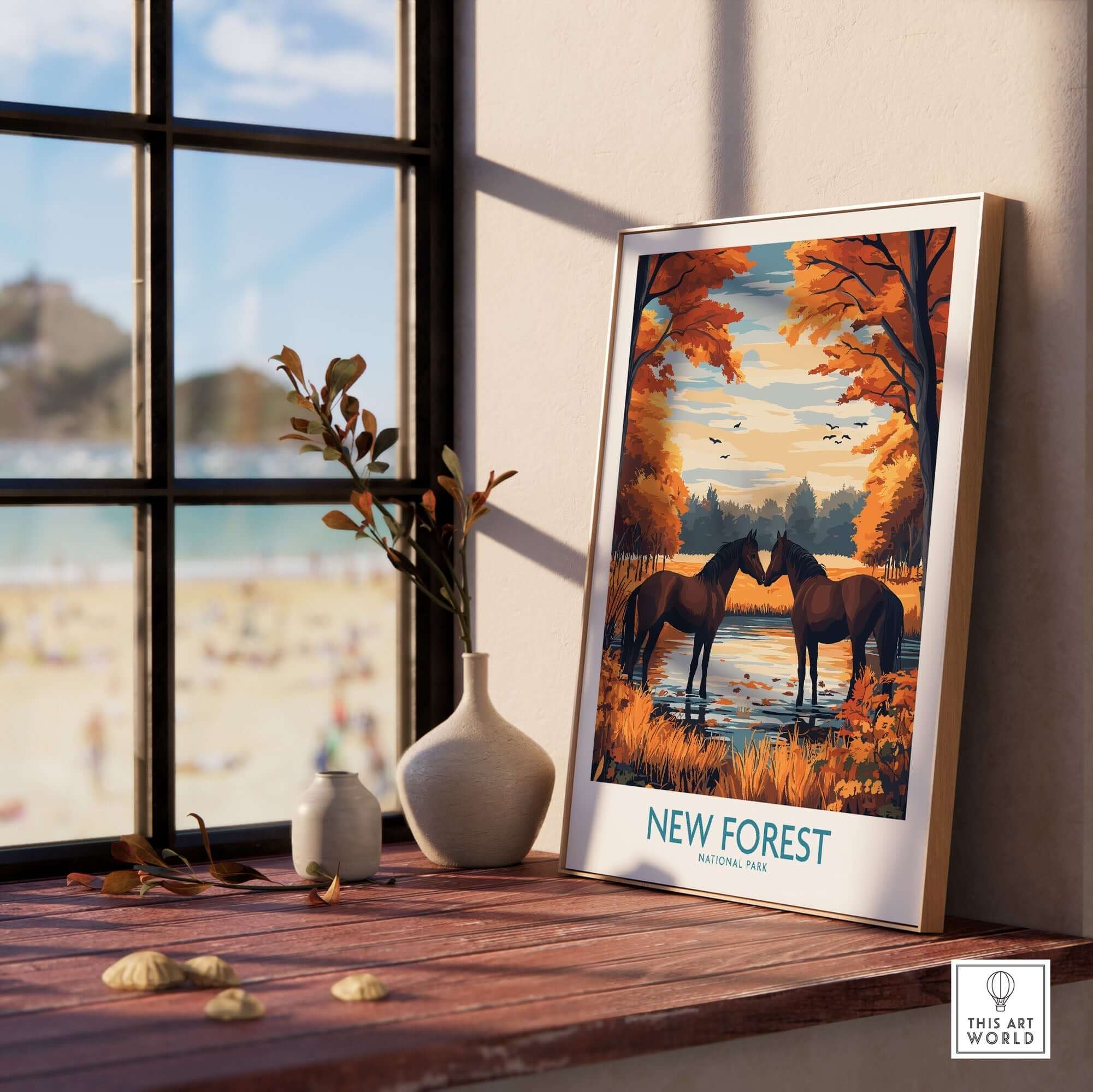 New Forest Wall Art featuring horses by a serene lake in autumn colors, perfect for home decor.
