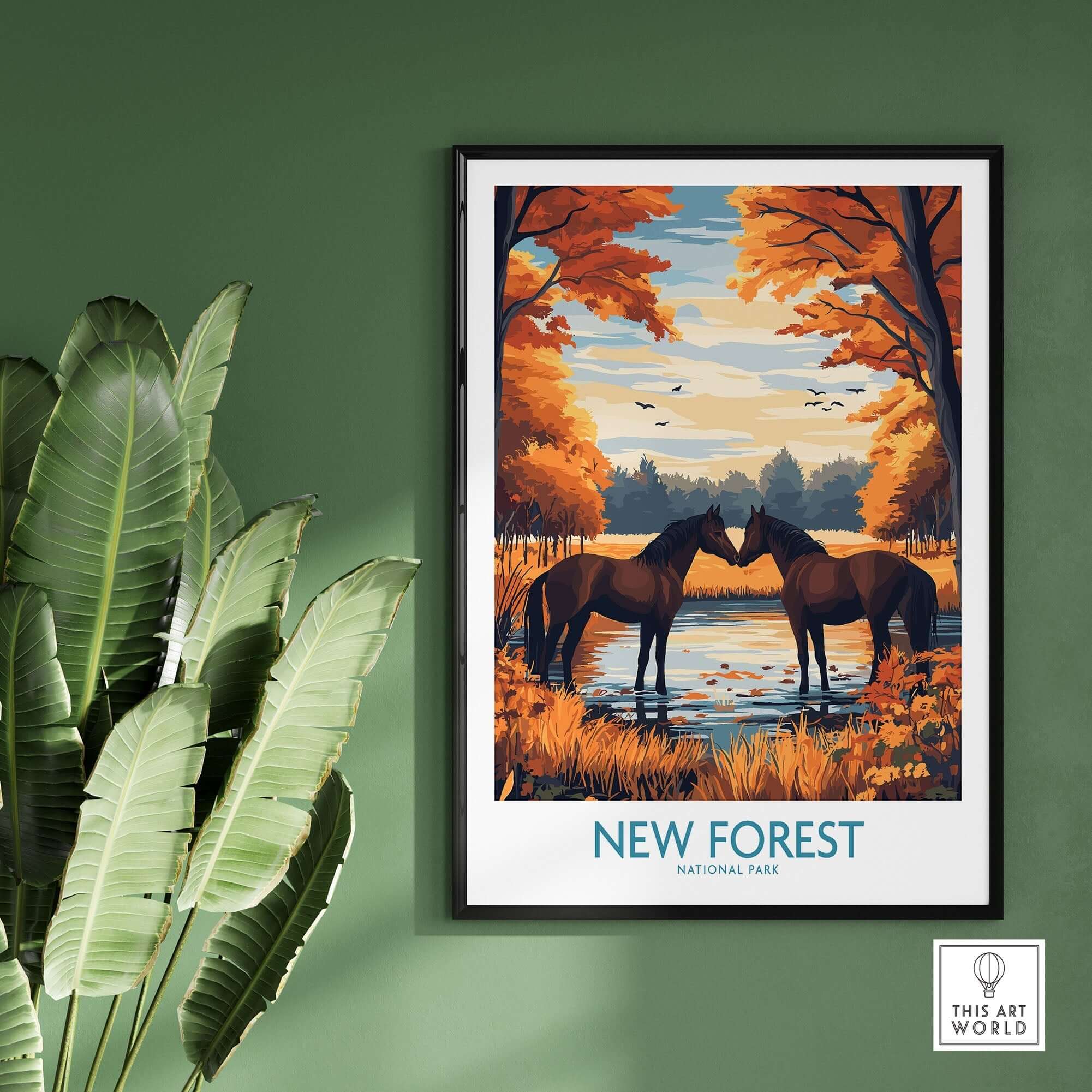New Forest Wall Art showcasing horses by a serene lake in autumn colors, capturing the essence of the New Forest National Park.