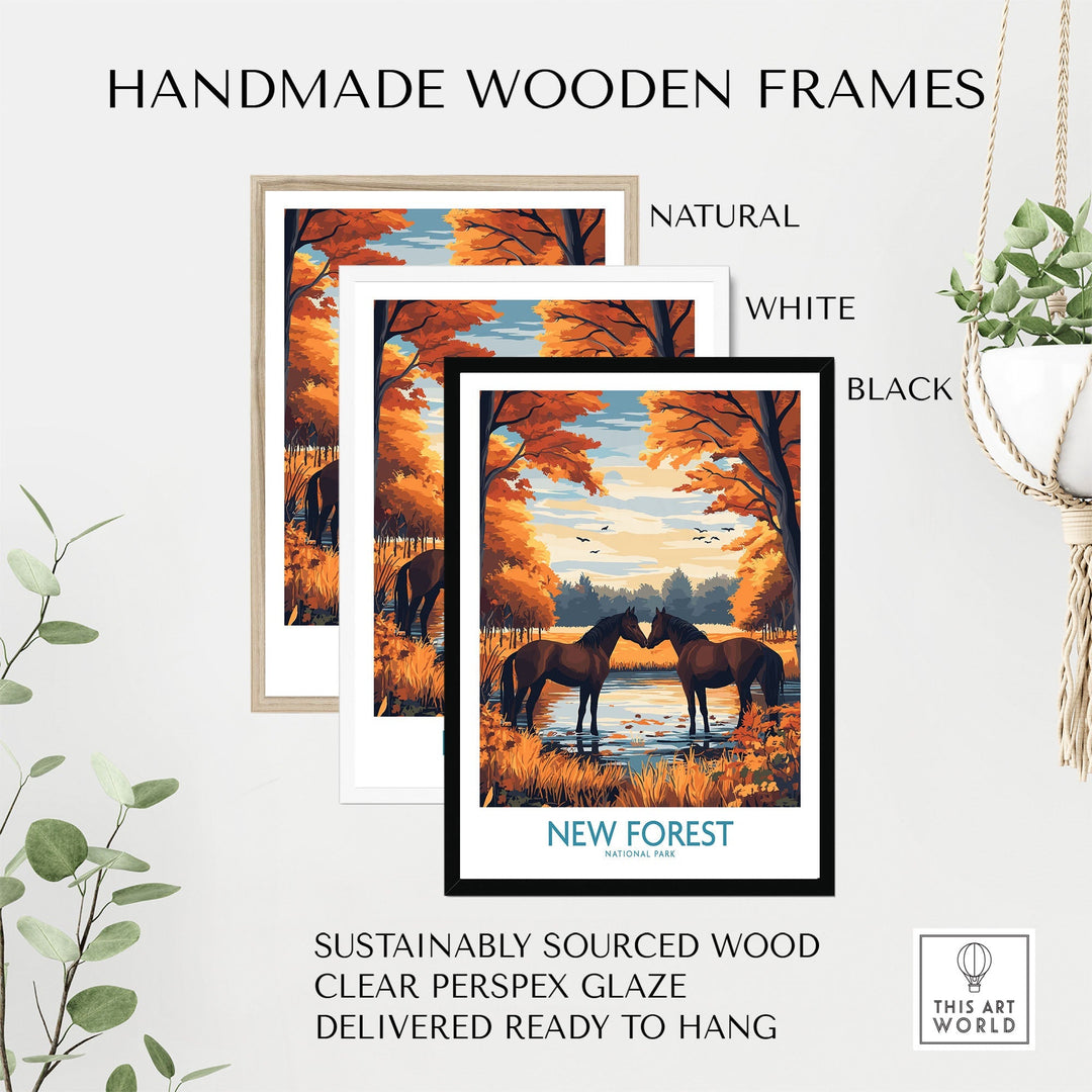 New Forest Wall Art Print in Handmade Wooden Frames, featuring serene forest scene, available in natural, white, and black finishes.