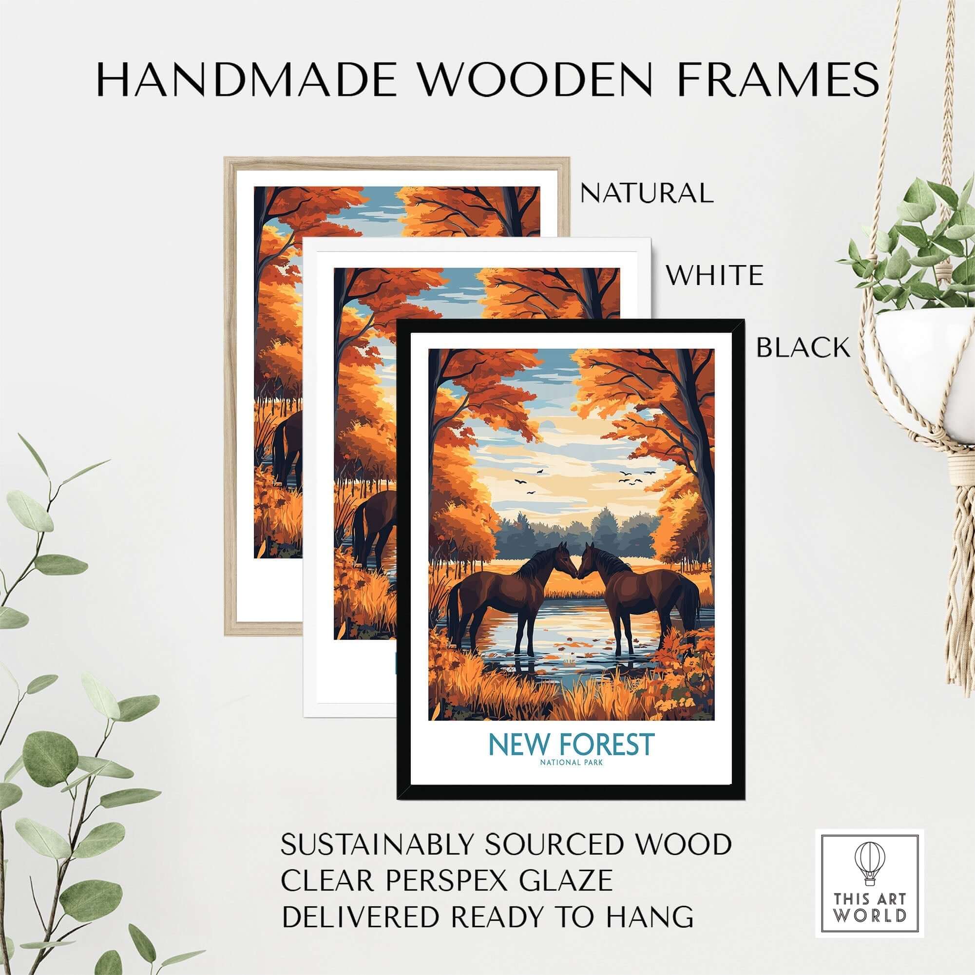 Handmade wooden frames in natural, white, and black for New Forest Wall Art, sustainably sourced and ready to hang.