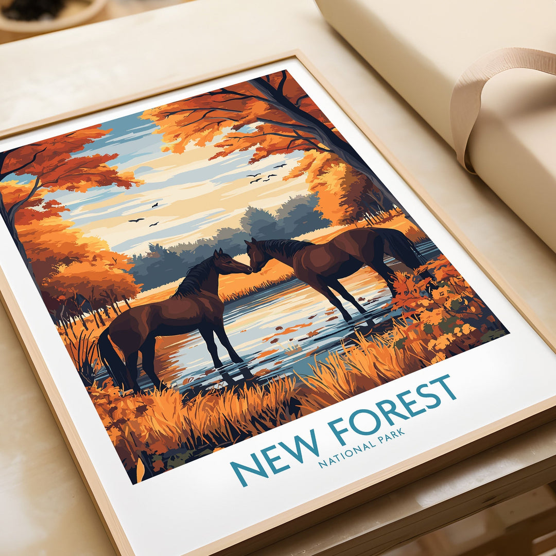 New Forest Wall Art Print featuring horses by a lake, showcasing autumn colors and serene nature in UK National Park.