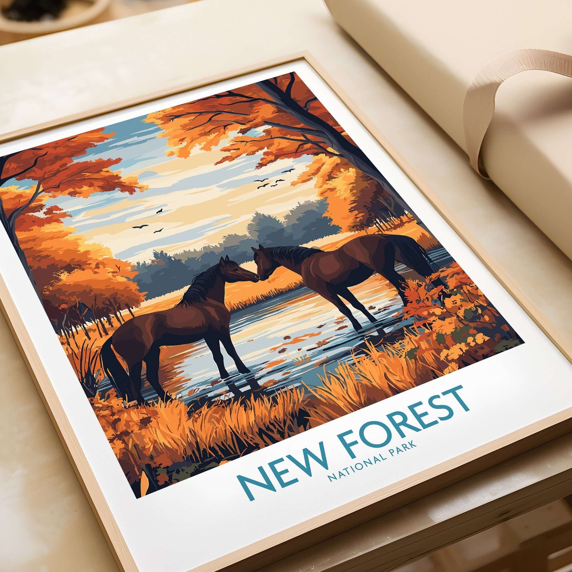 New Forest Wall Art featuring horses by a picturesque lake in vibrant autumn colors.