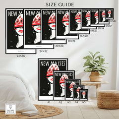 New Masses Frank Walts Art Deco Magazine Cover Poster Wall Art Print Size Guide featuring various frame sizes.